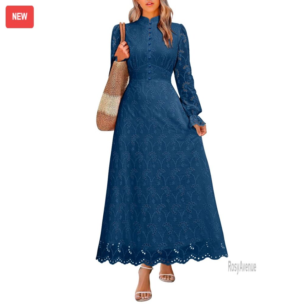 Long Sleeve Maxi Formal Dress With Eyelet Design And Pockets